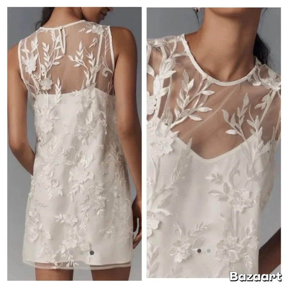 NWT ANTHROPOLOGIE Flat White Sheer Embroidered Mini Dress NWT Size M - Picture 2 of 11